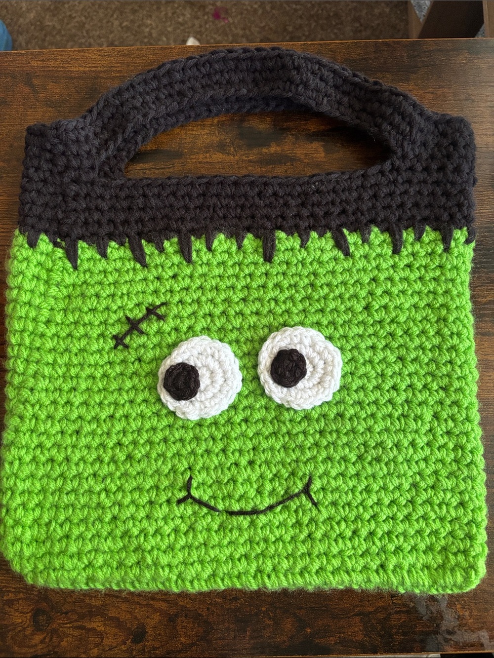 Hand Crafted Green and Black Frankenstein Crochet Kids Bag